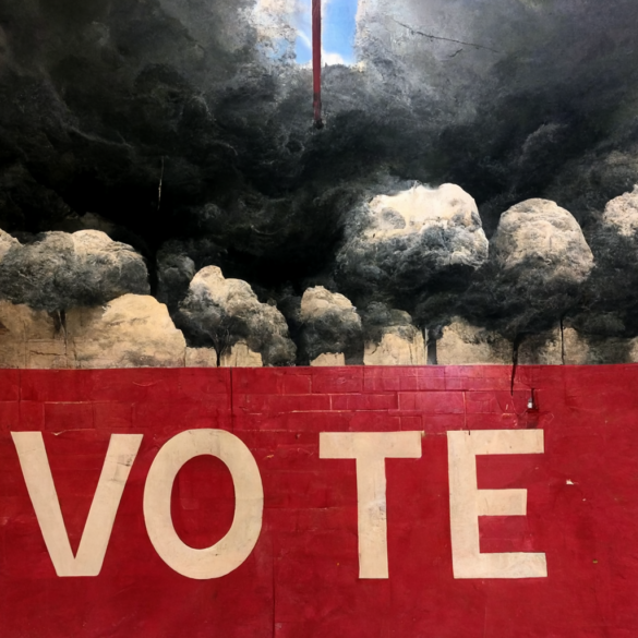 Image of dark clouds above a sign that says "vote."