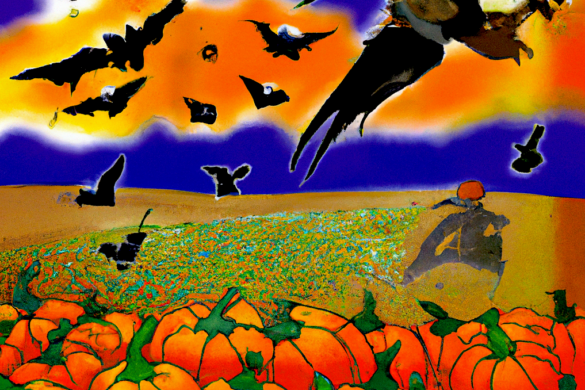 Scene of a Halloween pumpkin patch.