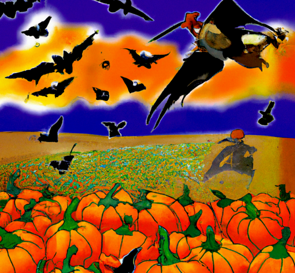 Scene of a Halloween pumpkin patch.