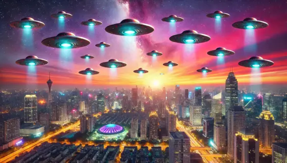 AI-created image of a sky full of UFOs.