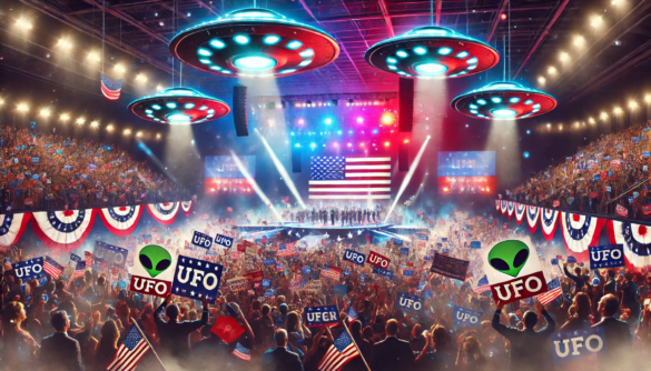 Image of a political convention with UFOs overhead.