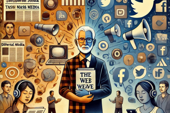 Image created by ChatGPT showing the clash between traditional mass media and the rise of the internet, symbolizing the transition and democratization of information.