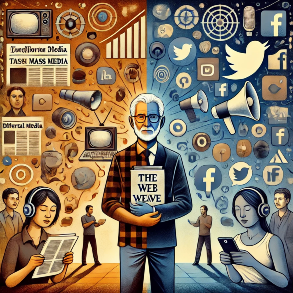 Image created by ChatGPT showing the clash between traditional mass media and the rise of the internet, symbolizing the transition and democratization of information.