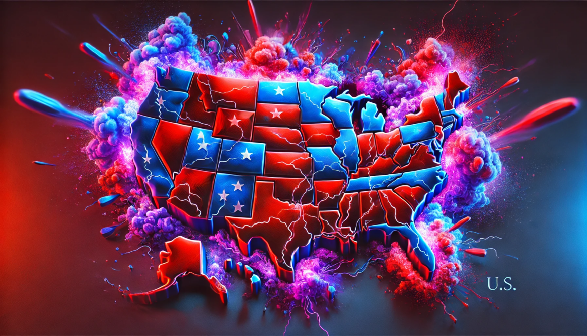 Photo of US with red and blue states and clouds of purple.