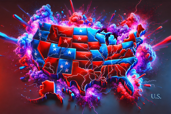 Photo of US with red and blue states and clouds of purple.