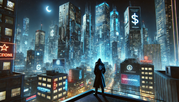 A futuristic cyberpunk cityscape at night, illuminated by neon lights with towering skyscrapers, holographic advertisements, and a lone figure in a high-tech trench coat observing the city. In the background, massive corporate buildings loom, symbolizing the dominance of technology and surveillance in a dystopian society.