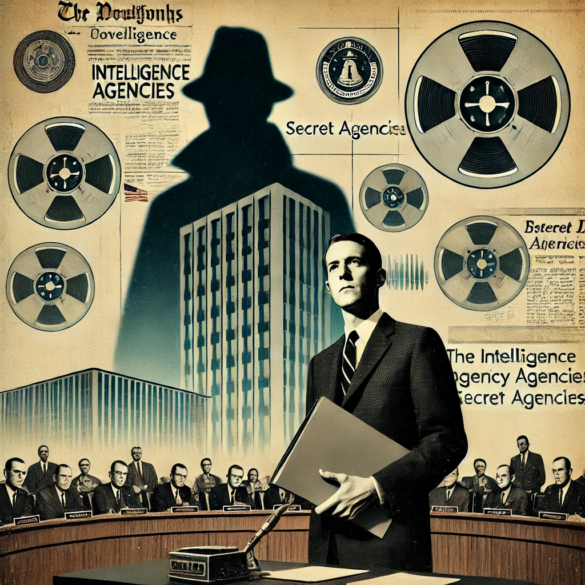 A vintage-style collage image capturing the atmosphere of 1975 congressional hearings. Central focus on Senator Frank Church holding a document labeled “Church Committee” in a somber congressional setting. Behind him, shadowy figures represent the CIA, FBI, NSA, and IRS, looming as specters. In the foreground, a black-and-white reel-to-reel tape recorder symbolizes the archival recording of Dr. Peter Dale Scott’s lecture.