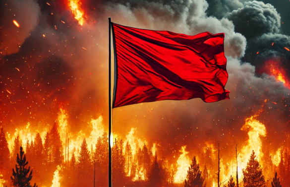 Photo of a red flag against a wildfire.