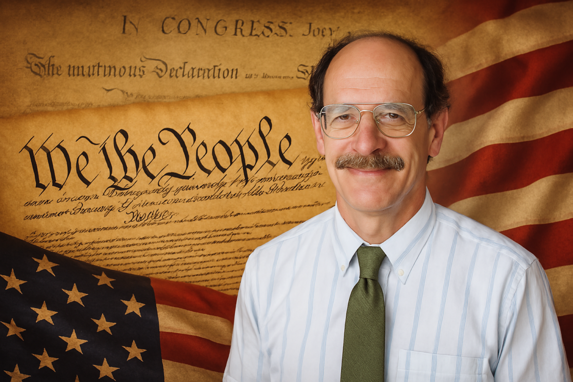 Stylized image of Paul Alan Levy with the Declaration of Independence and American flag in the background.