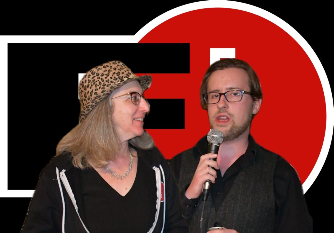 Photo of Cindy Cohn and Kevin Welch against the EFF logo.