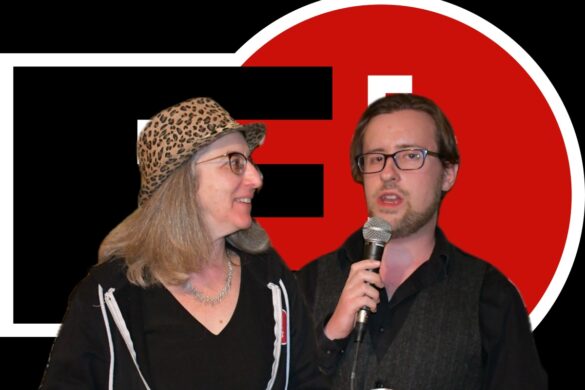 Photo of Cindy Cohn and Kevin Welch against the EFF logo.