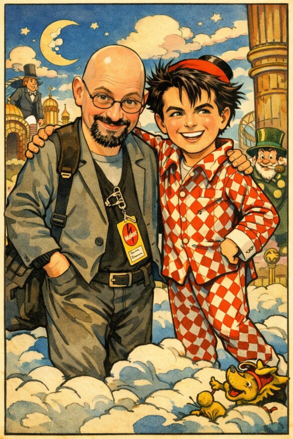 Cartoon image of Gareth Branwyn in Slumberland, in the style of Winsor McCay, creator of "Little Nemo in Slumberland."