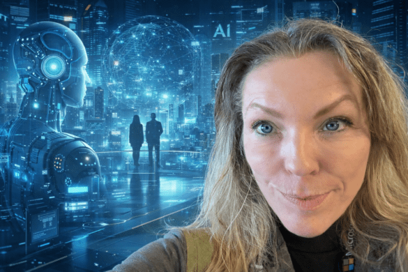 Photo of Anne Boysen with a futuristic background suggesting AI.