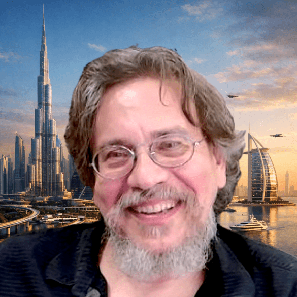Photo of Roy Casagranda with a futuristic Dubai in the background.