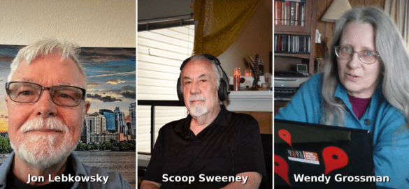 Collage of three people: left portrait of an older man with white beard and glasses in front of a city skyline backdrop; center portrait of an older man with headphones in a home studio; right portrait of a woman with long gray hair and glasses holding a laptop in a home office.