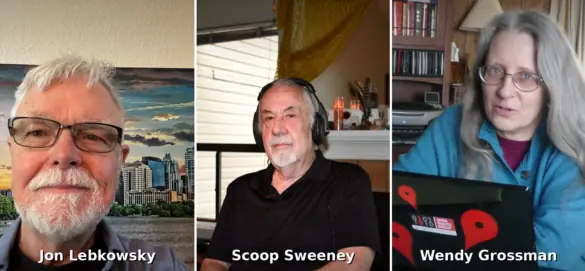 Collage of three people: left portrait of an older man with white beard and glasses in front of a city skyline backdrop; center portrait of an older man with headphones in a home studio; right portrait of a woman with long gray hair and glasses holding a laptop in a home office.