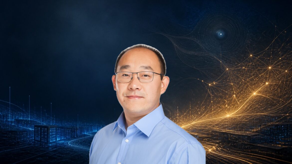 Photo of Peter Wang against a digital nightsky background.